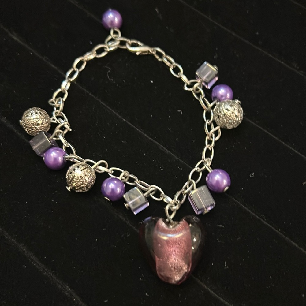 Purple heart charm bracelet about 8’